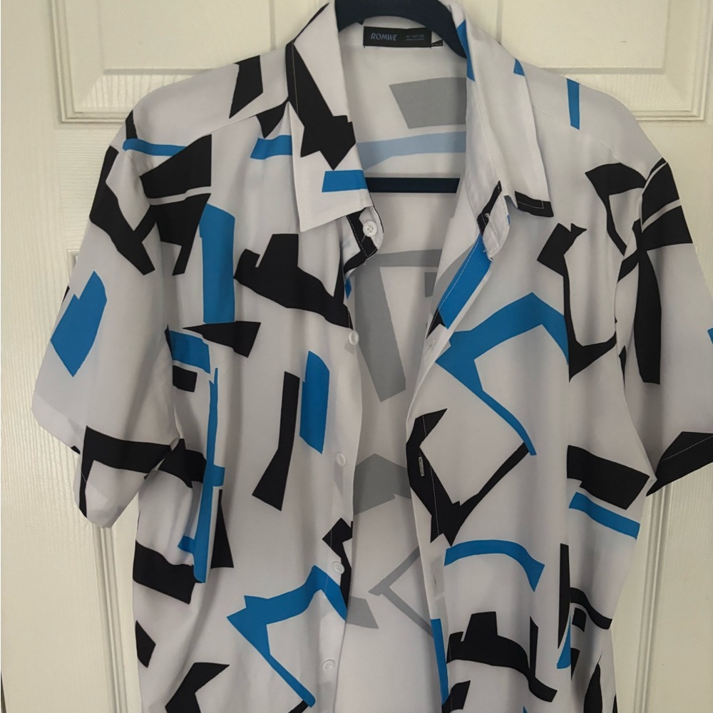 ROMWE White and Blue Abstract Casual Button Down Shirt